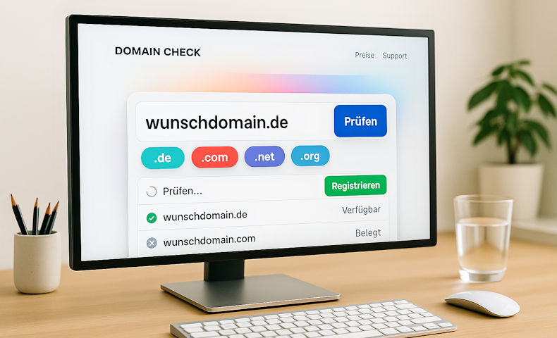 Domain Check: Eingabemaske zur Prüfung der Verfügbarkeit und zur Registrierung freier Domains.