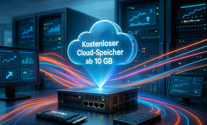 Illustration eines Rechenzentrums mit Servern und holografischer Wolke mit der Aufschrift „Kostenloser Cloud-Speicher ab 10 GB“, symbolisiert Cloud-Dienste und Speicherlösungen.